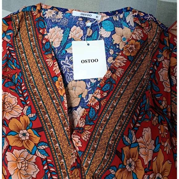 Womens Bohemia Side Split V Neck Ruffles Short Sleeves Maxi Dress with Belt Sz M - Picture 8 of 16